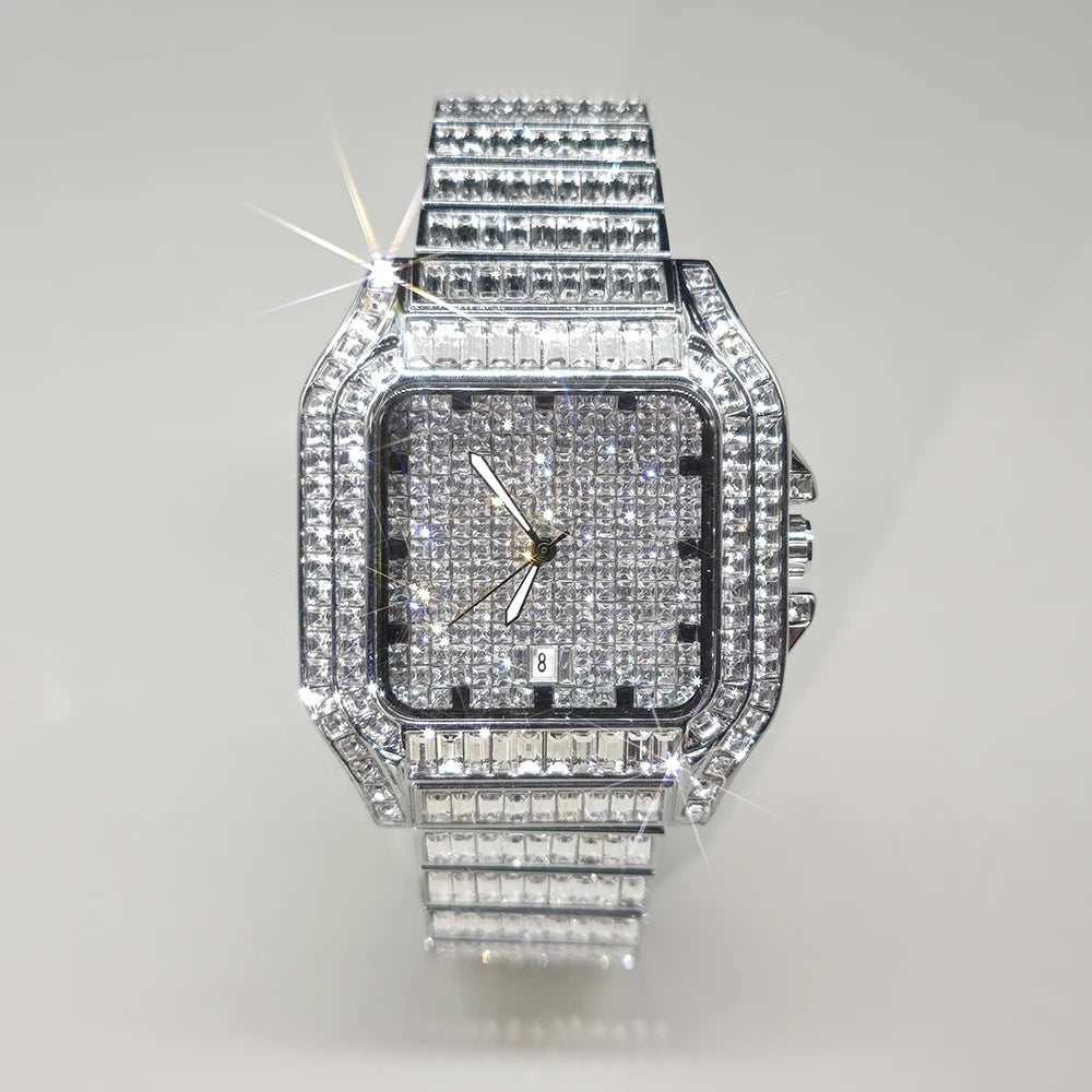 Hot Luxury Square Diamond Watch for Men Hip Hop Style Bling Bling Iced Out Wristwatch Fashion Stainless Steel Waterproof Clock - Uknowucme