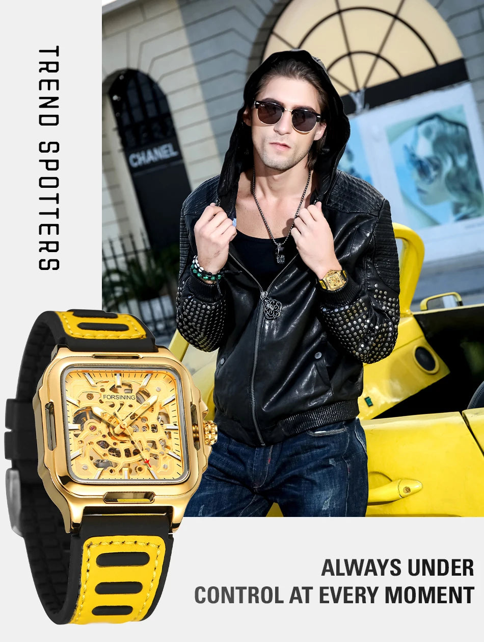 FORSINING Original Square Skeleton Mechanical Man Wristwatches Automatic Movement Field Sports Waterproof Silicone Replica Watch - Uknowucme