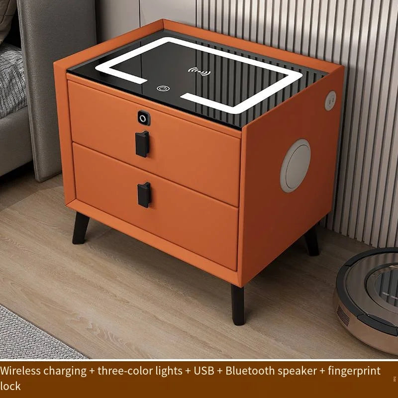 Luxurious Solid Wood Nightstand Three-Drawer Smart Bedside Table Compact Bedroom Leather Accents Integrated Wireless Charging