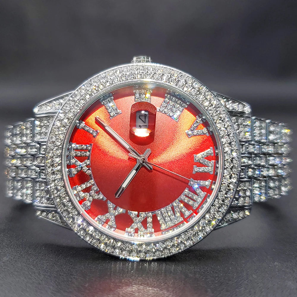 Pink Watches For Women Fashion Elegant Colored Red Green Roman Dial Iced Out Wristwatches Diamond Quartz Calendar Watch For Lady - Uknowucme