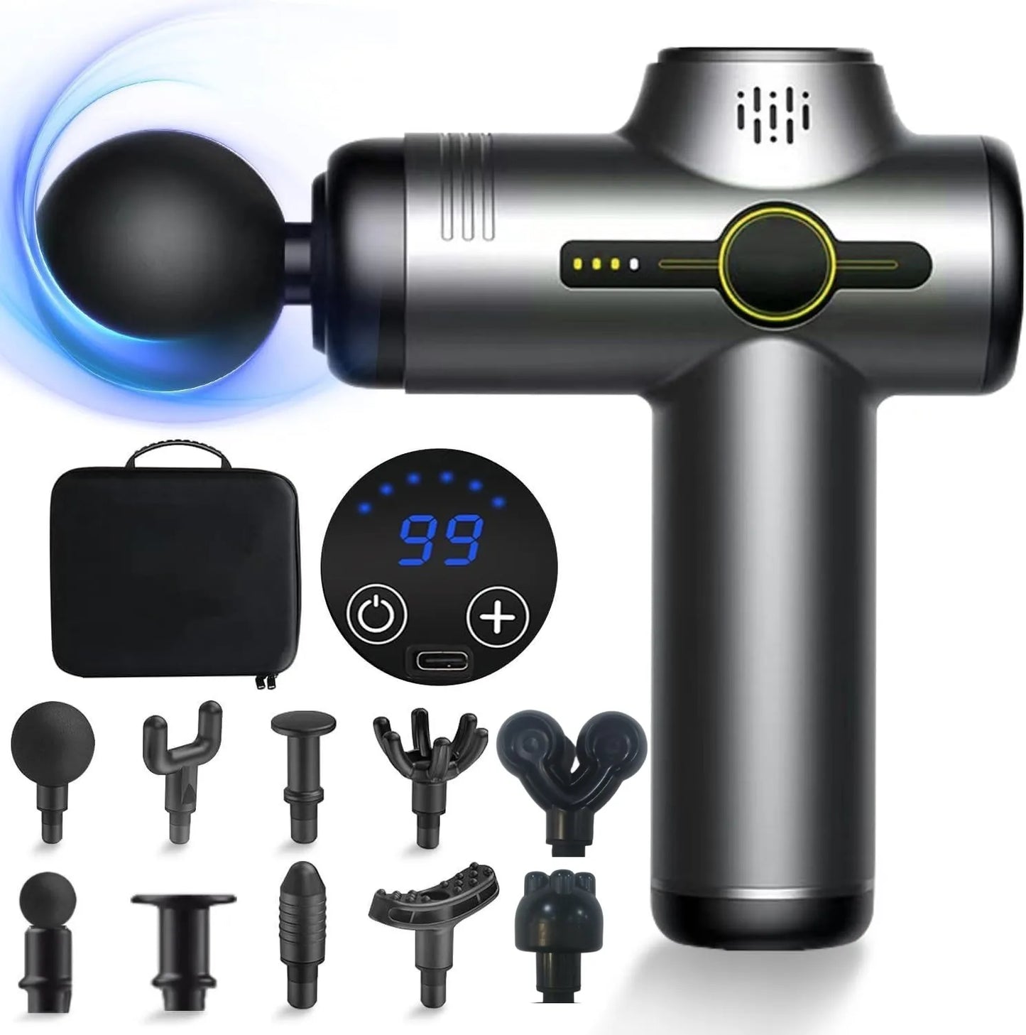 Rechargeable Massage Gun with 99 Adjustable Speeds, 8 Interchangeable Massage Heads, Handheld Massager for Muscle Pain Relief - Uknowucme