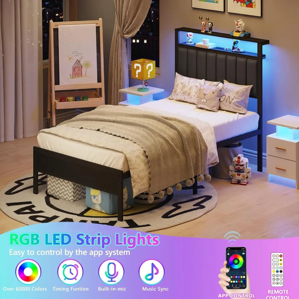 LED Queen Size Bed Frame with Charging Station&2-Tier Storage Shelves, Metal Slat&Upholstered Headboard, No Box Spring Needed - Uknowucme