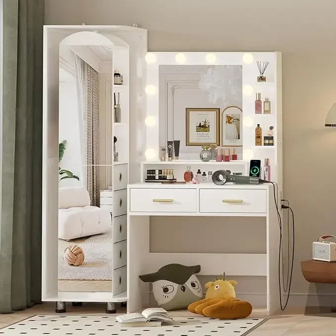 Vanity, 360° Swivel Cabinet with Full-Length Mirror, Jewelry Storage Shelf & Bulletin Board, Vanity Table with Charging Station - Uknowucme