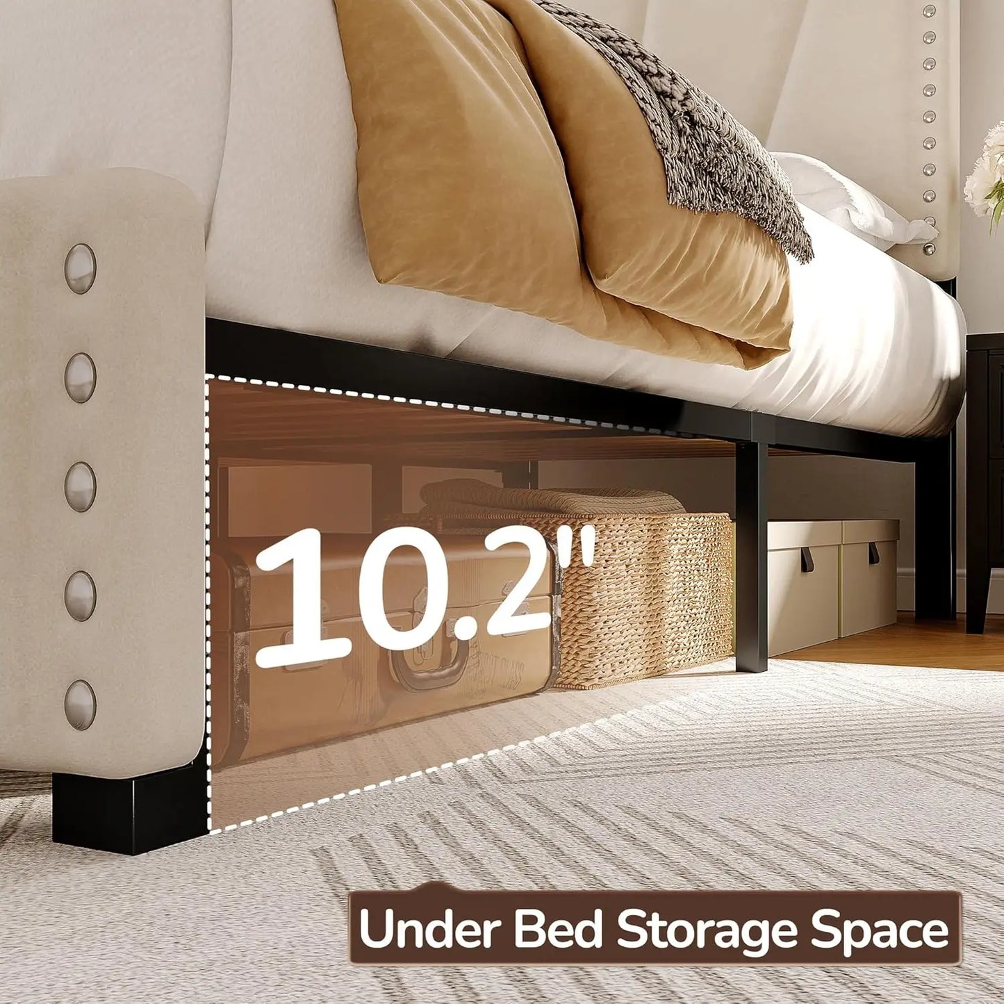 King Size Bed Frame with Velvet Headboard and LED Lights, Storage Headboard Platform Bed with Charging Station - Uknowucme