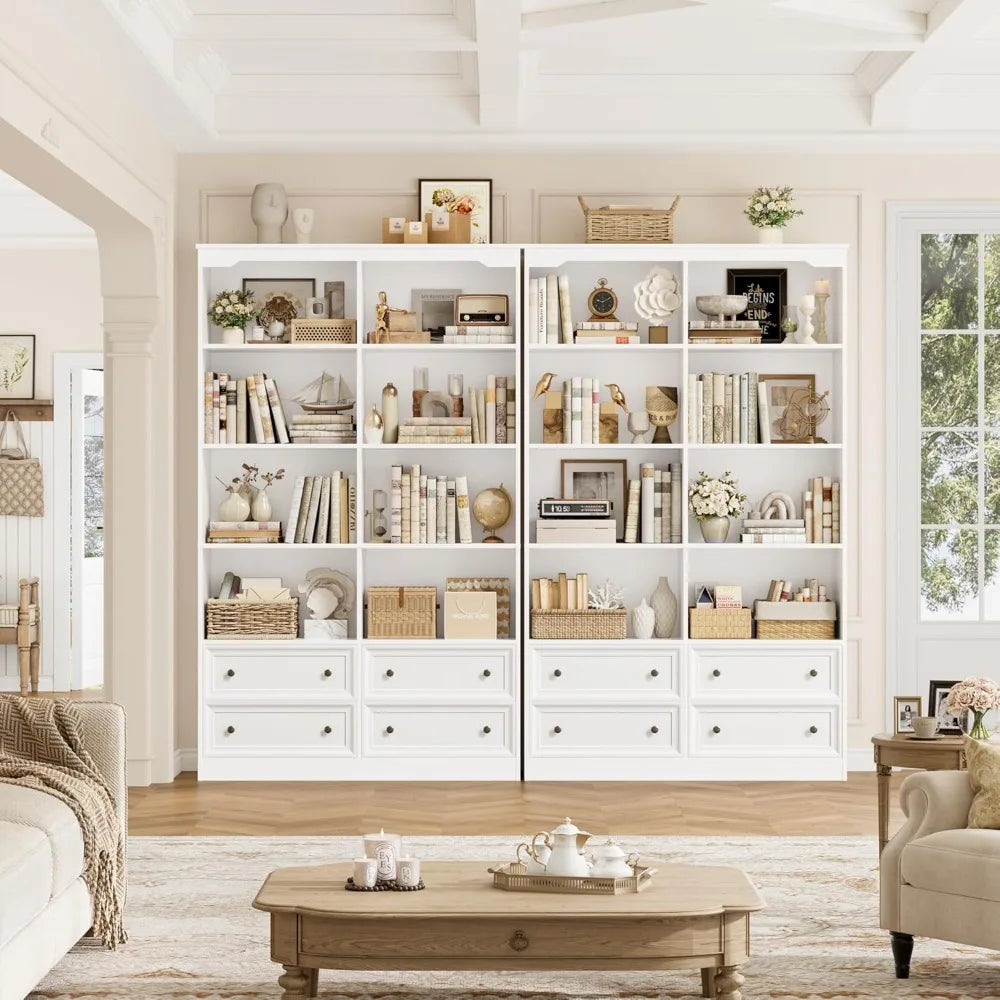 71" Tall Bookshelf with 4 Drawers, 6-Tier Double Wide Bookshelves and Bookcases with Storage, White Bookshelf Large Op