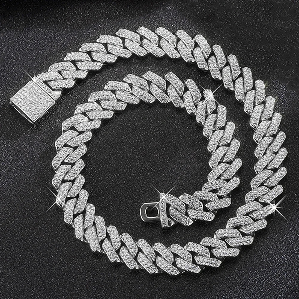 Hip Hop Shiny 15MM Cuban Link Chain Necklace Women Men Silver Color Rhinestone Iced Out Cuban Chain Punk Jewelry Necklace Gift - Uknowucme
