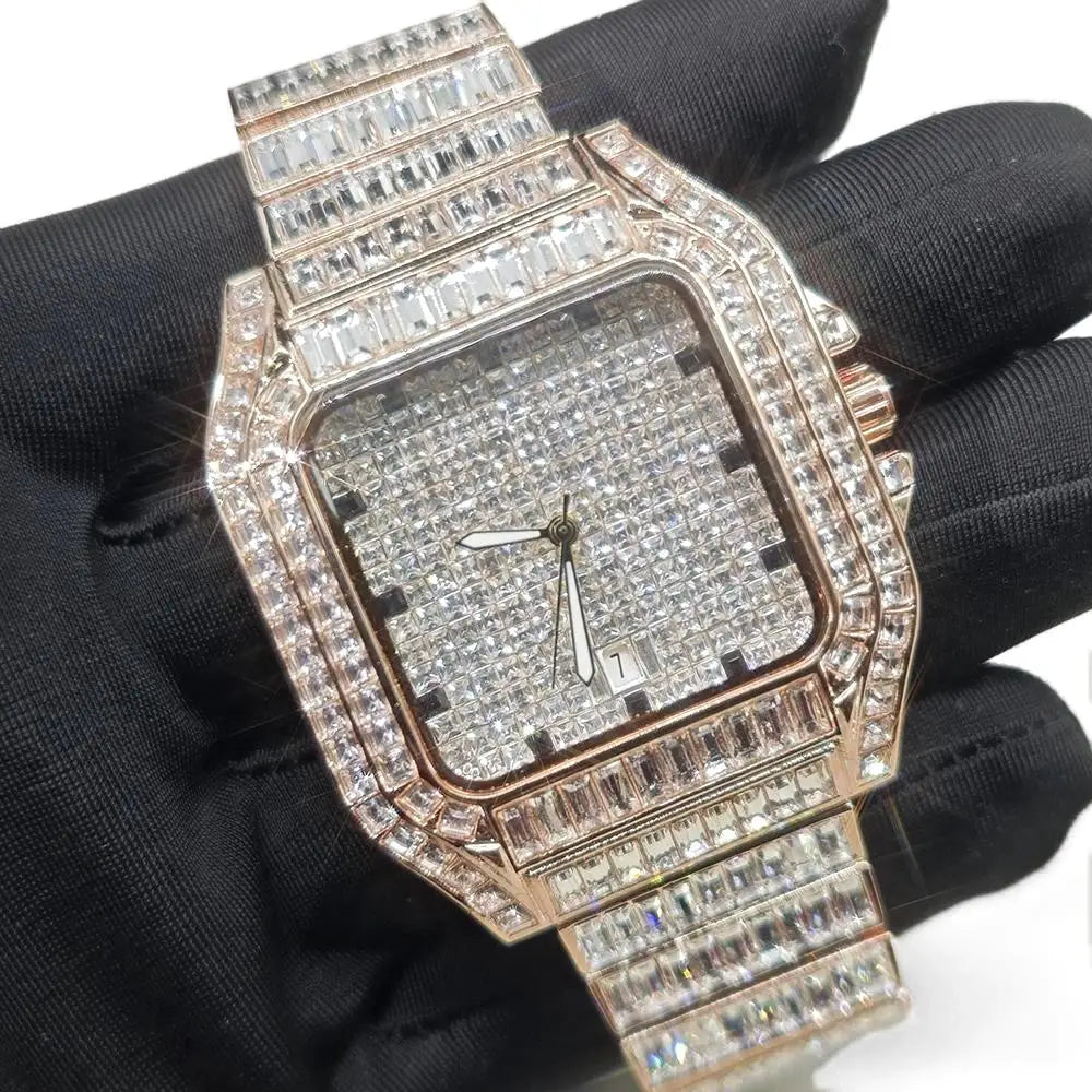 Hot Luxury Square Diamond Watch for Men Hip Hop Style Bling Bling Iced Out Wristwatch Fashion Stainless Steel Waterproof Clock - Uknowucme