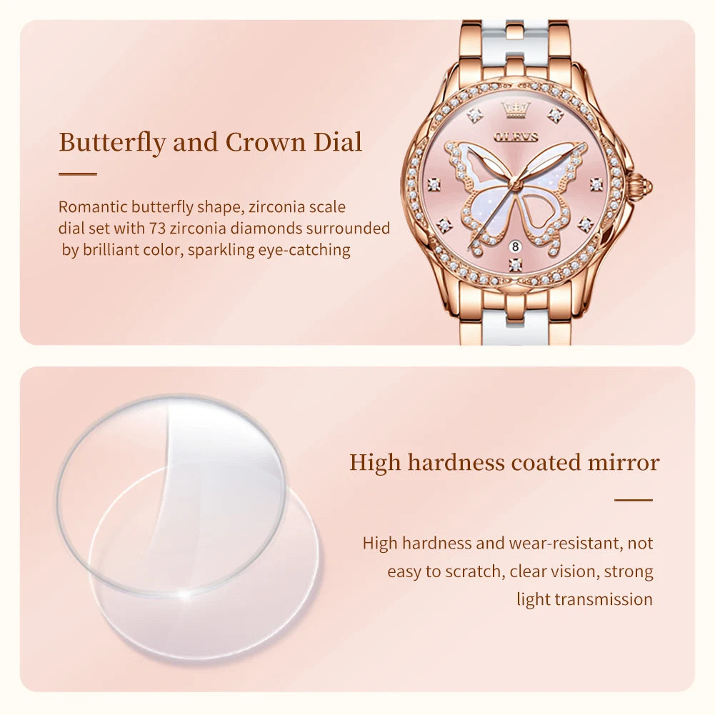 OLEVS 5610 Women's Watches Diamond Butterfly Design Dial Ceramic Strap Waterproof New Fashion Young Girl's Watches Set Gift - Uknowucme