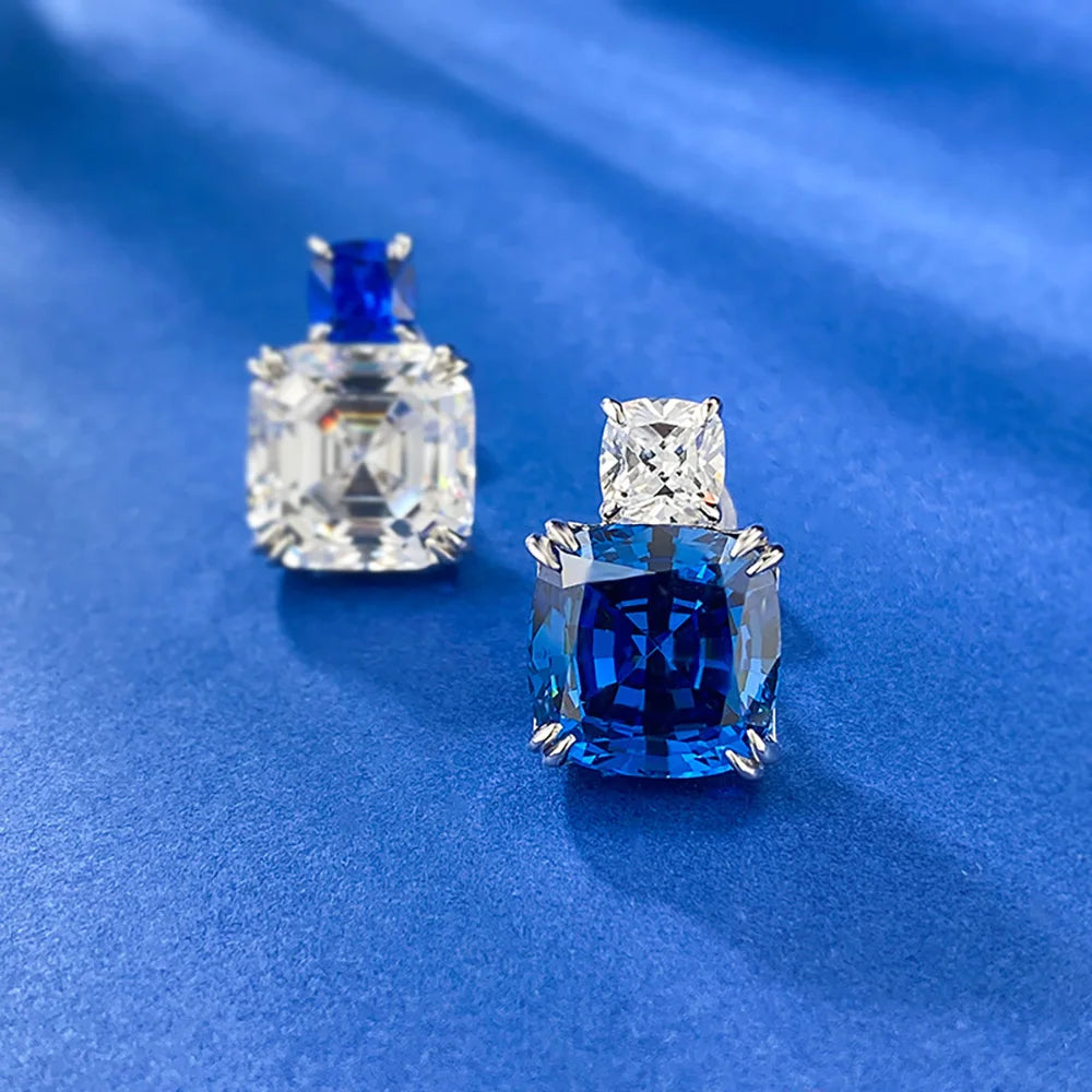 Charms 100% 925 Real Silver 10*10MM Sapphire Lab Diamond Stud Earrings for Women Gemstone Wedding Party Fine Jewelry Lady Gifts - Uknowucme
