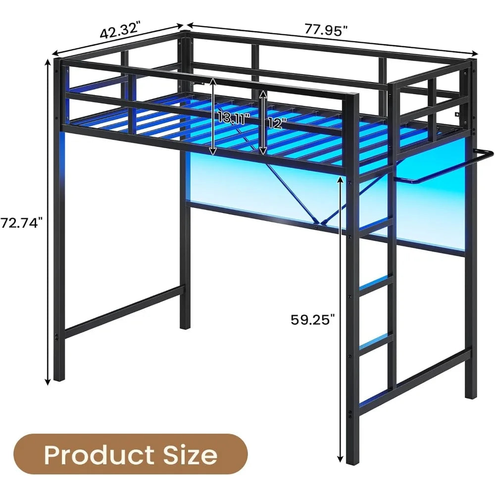 Twin Loft Bed with LED Lights, Metal Loft Bed Twin Size with Full-Length Guardrail Clothes Rack, Heavy Duty Metal Loft Bed Frame - Uknowucme