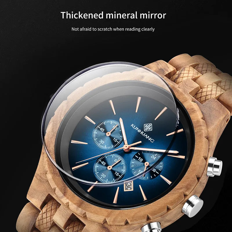 KUNHUANG Handmade Wooden Watch Multifunction Dial Mens Quartz Watch Luxury Luminous Chronograph Custom Logo relógio masculino - Uknowucme