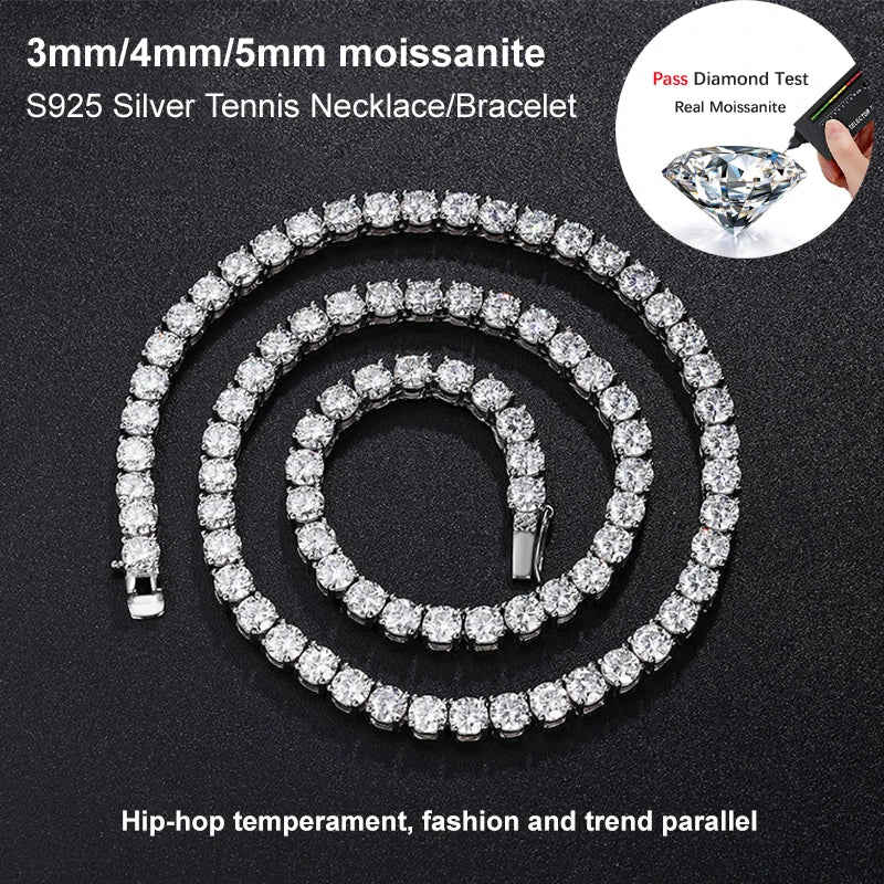 Real Moissanite Tennis Necklace Bracelet For Women Men 925 Sterling Silver 3/4/5mm Full Diamonds With GRA Hiphop Party Jewelry - Uknowucme