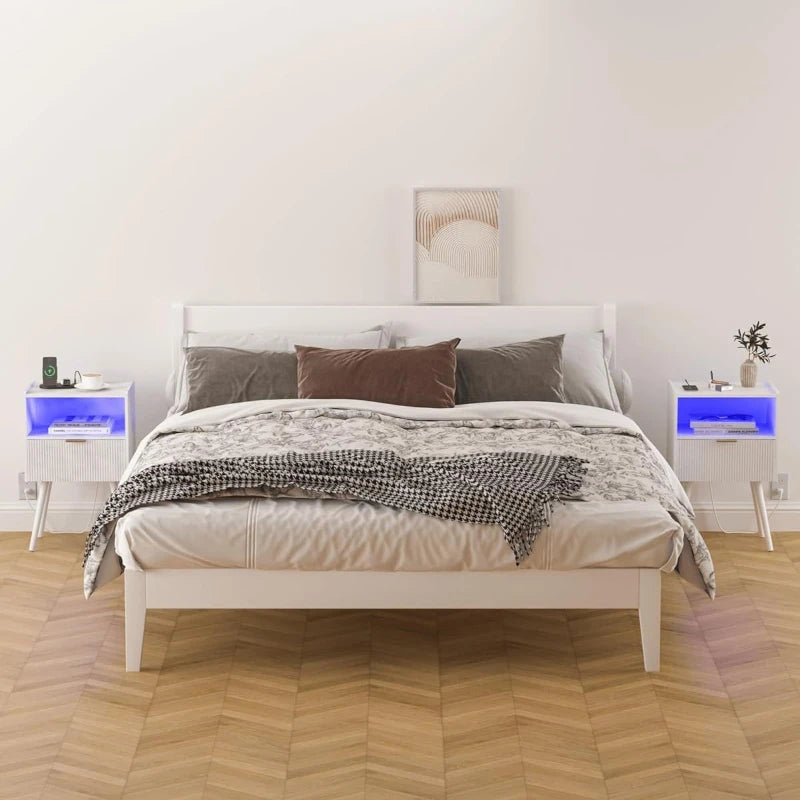 Nightstand Modern Bedside Table Charging Station And LED Lights Night Stand Storage Drawer Solid Wood Legs Organizer Vanity
