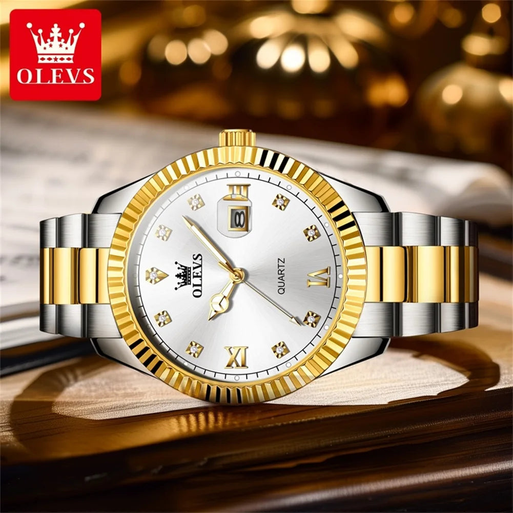 OLEVS 3623 Men's Watches Business Luxury Diamond Roman Scale Waterproof Luminous Stainless steel Gold Wristwatches Man - Uknowucme