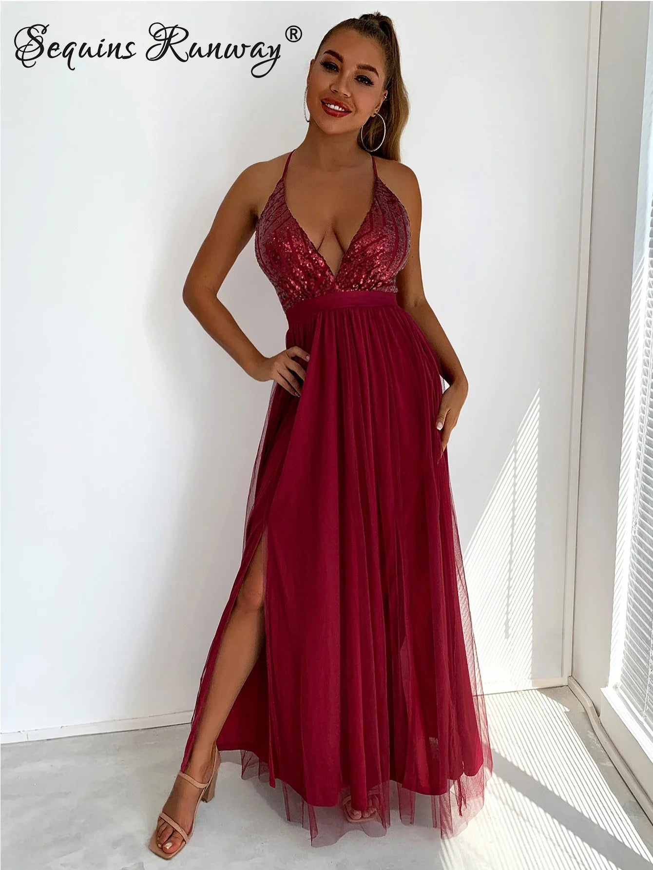 Sexy backless slip Sequin corset maxi summer dress women mesh long bodycon red Christmas party dress bridesmaid evening dresses - Uknowucme