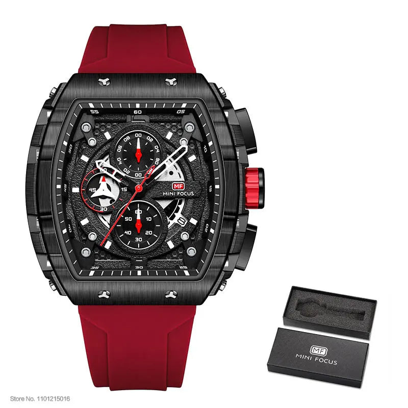 MINI FOCUS Chronograph Quartz Watch for Men Tonneau Dial Military Sport Wristwatch with Orange Silicone Strap Auto Date 0399 - Uknowucme