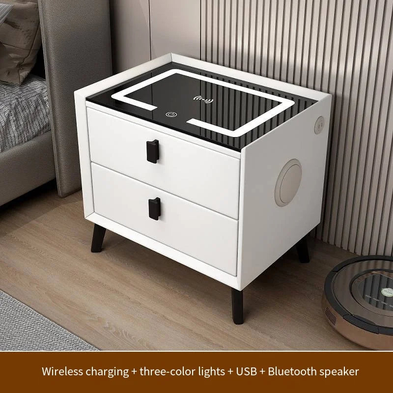 Luxurious Solid Wood Nightstand Three-Drawer Smart Bedside Table Compact Bedroom Leather Accents Integrated Wireless Charging