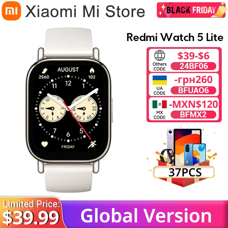 Global Version Xiaomi Redmi Watch 5 Lite 1.96'' AMOLED display Bluetooth® calling 18-Day Battery life Built-in GNSS 5ATM - Uknowucme