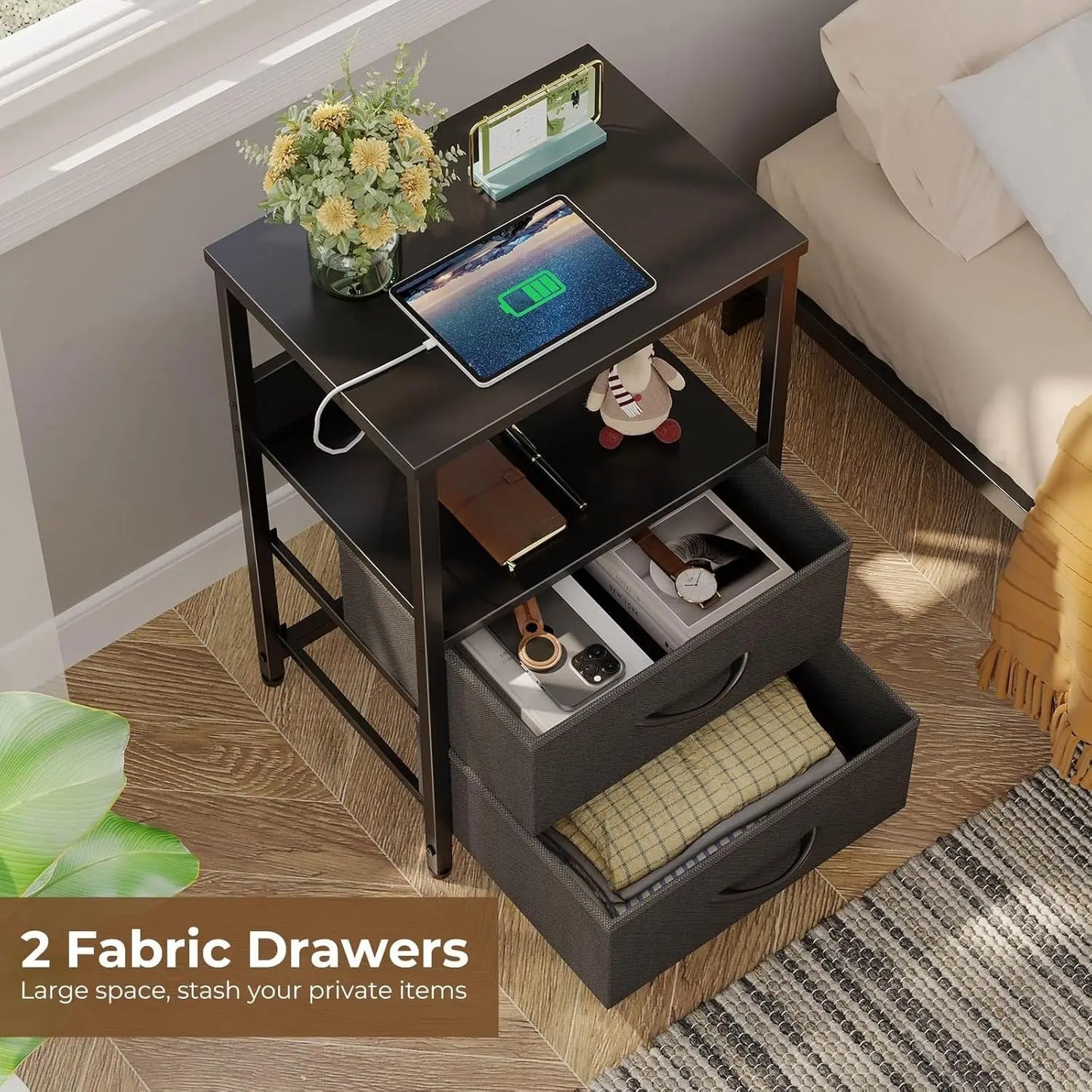 Nightstand with Charging Station, Bedside Table with LED Lights, Night Stand , 3-Tier Storage End Table for Bedroom, Black - Uknowucme