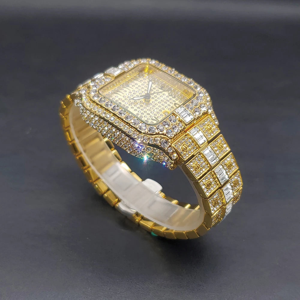 High Quality Gold Men's Watches Top Brand Luxury Full Diamond Bling Wristwatch Fashion Ice Out Stainless Steel Male Clock Gift - Uknowucme