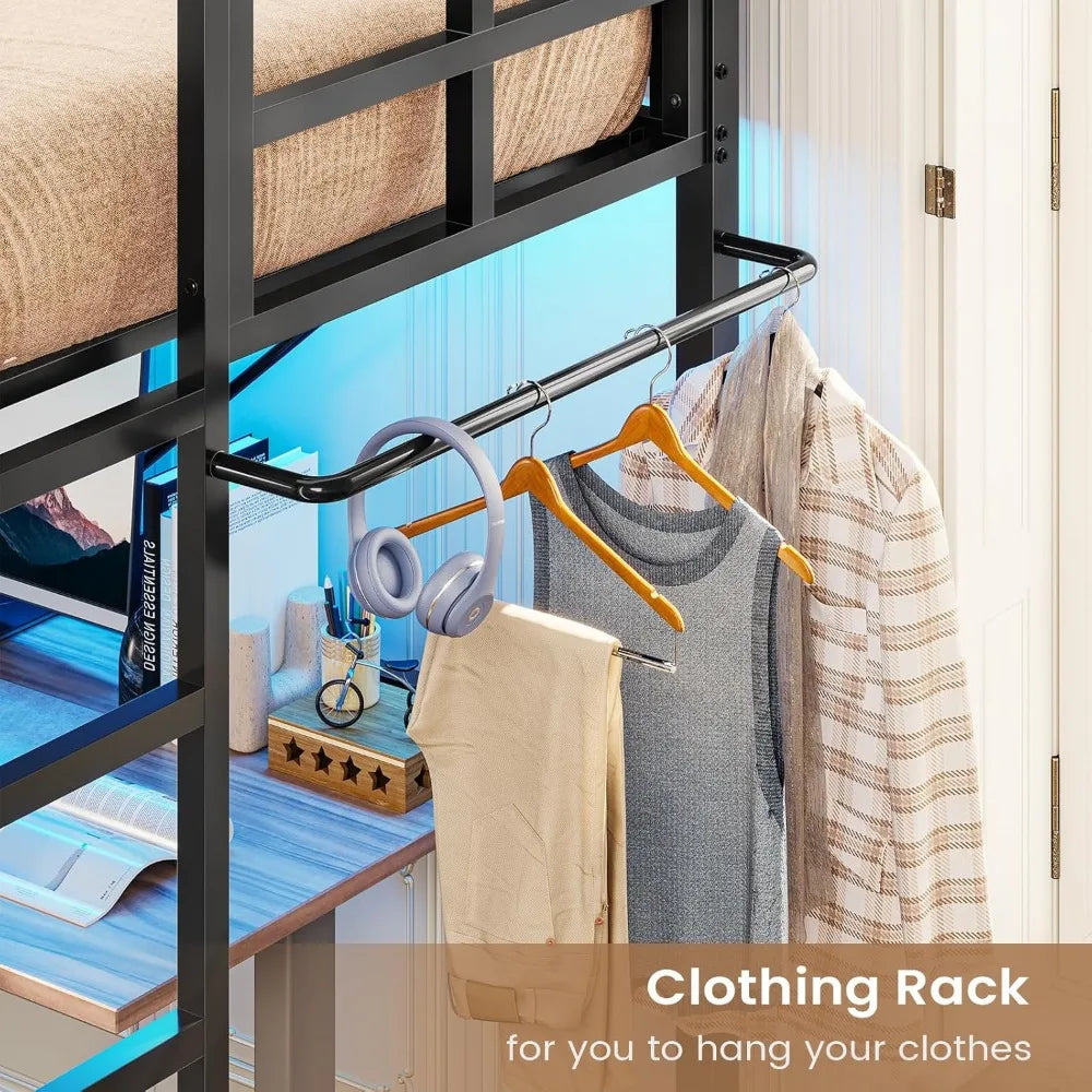Twin Loft Bed with LED Lights, Metal Loft Bed Twin Size with Full-Length Guardrail Clothes Rack, Heavy Duty Metal Loft Bed Frame - Uknowucme