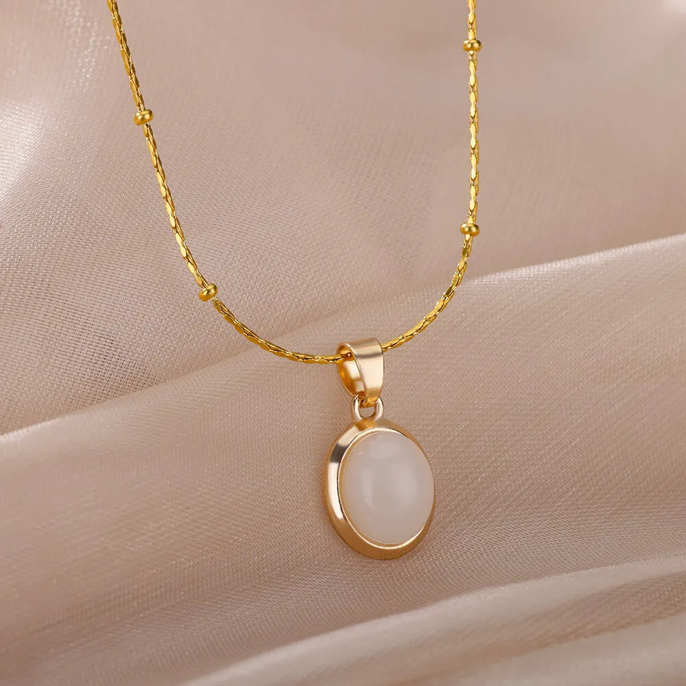 Kpop Stainless Steel Necklace for Women Transparent Moonlight Stone Ellipse Pendant Thin Chain Vintage Jewelry Gift New In - Uknowucme