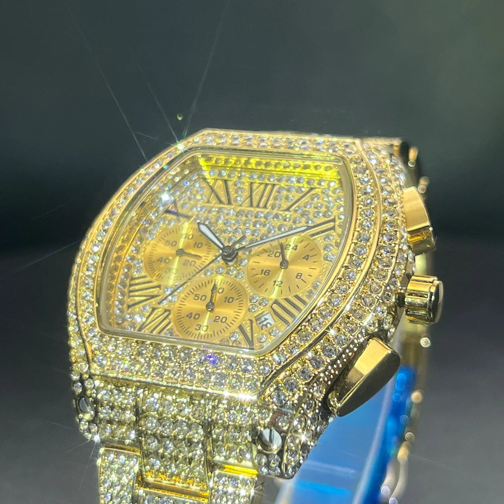 Luxury Men Watch Personalized Bling Diamond Quartz Timepiece Fashion Ice Out Tonneau Big Face Male Chronograph Wristwatch Gift - Uknowucme
