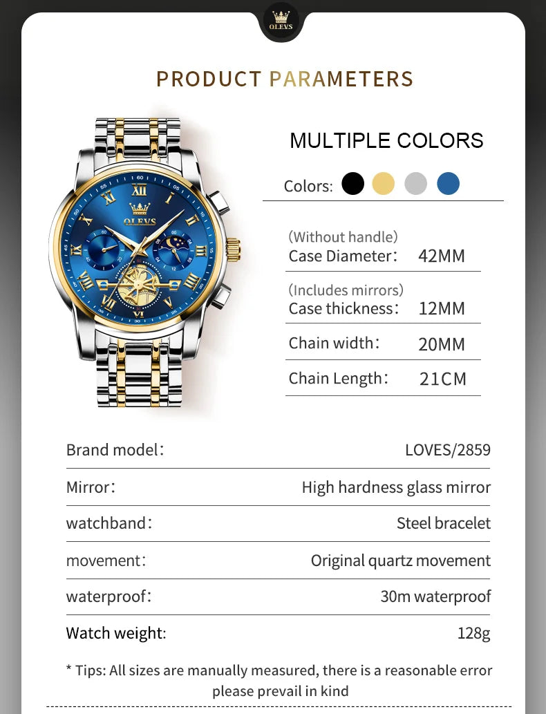 OLEVS 2859 Moon Phase Men Watches Chronograph High End Watches Man Stainless Steel Waterproof Quartz Watch for Men Luxury Brand - Uknowucme