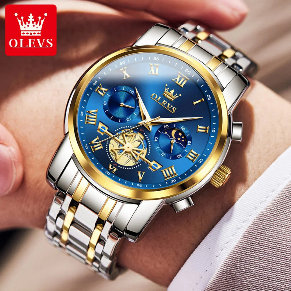 OLEVS 2859 Moon Phase Men Watches Chronograph High End Watches Man Stainless Steel Waterproof Quartz Watch for Men Luxury Brand - Uknowucme