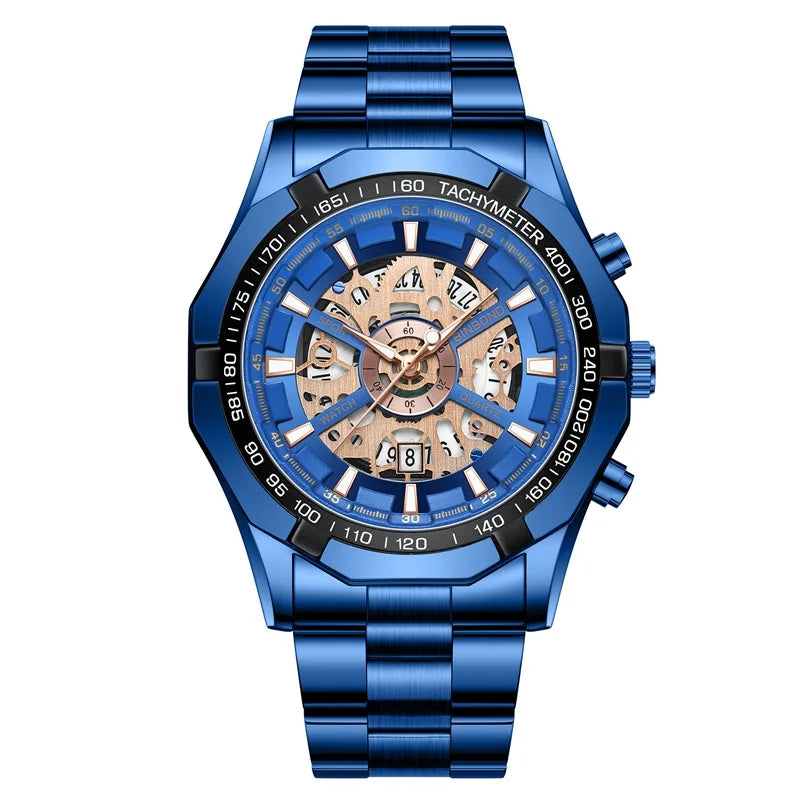 2025 Mens Quartz Watches Top Brand Luxury Stainless Steel Waterproof Hollow Out Blue Big Male Wristwatches Relogio Masculino - Uknowucme