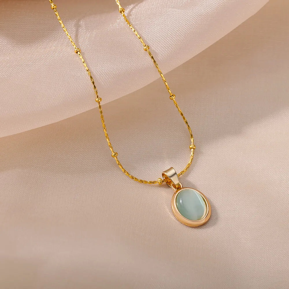 Kpop Stainless Steel Necklace for Women Transparent Moonlight Stone Ellipse Pendant Thin Chain Vintage Jewelry Gift New In - Uknowucme