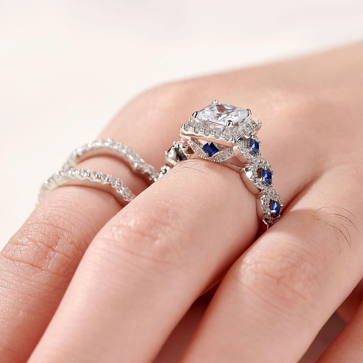 Newshe 3 Pcs Wedding Rings Set for Women 925 Silver 2.6Ct Princess Cut White Blue AAAAA CZ Luxury Bridal Engagement Jewelry - Uknowucme