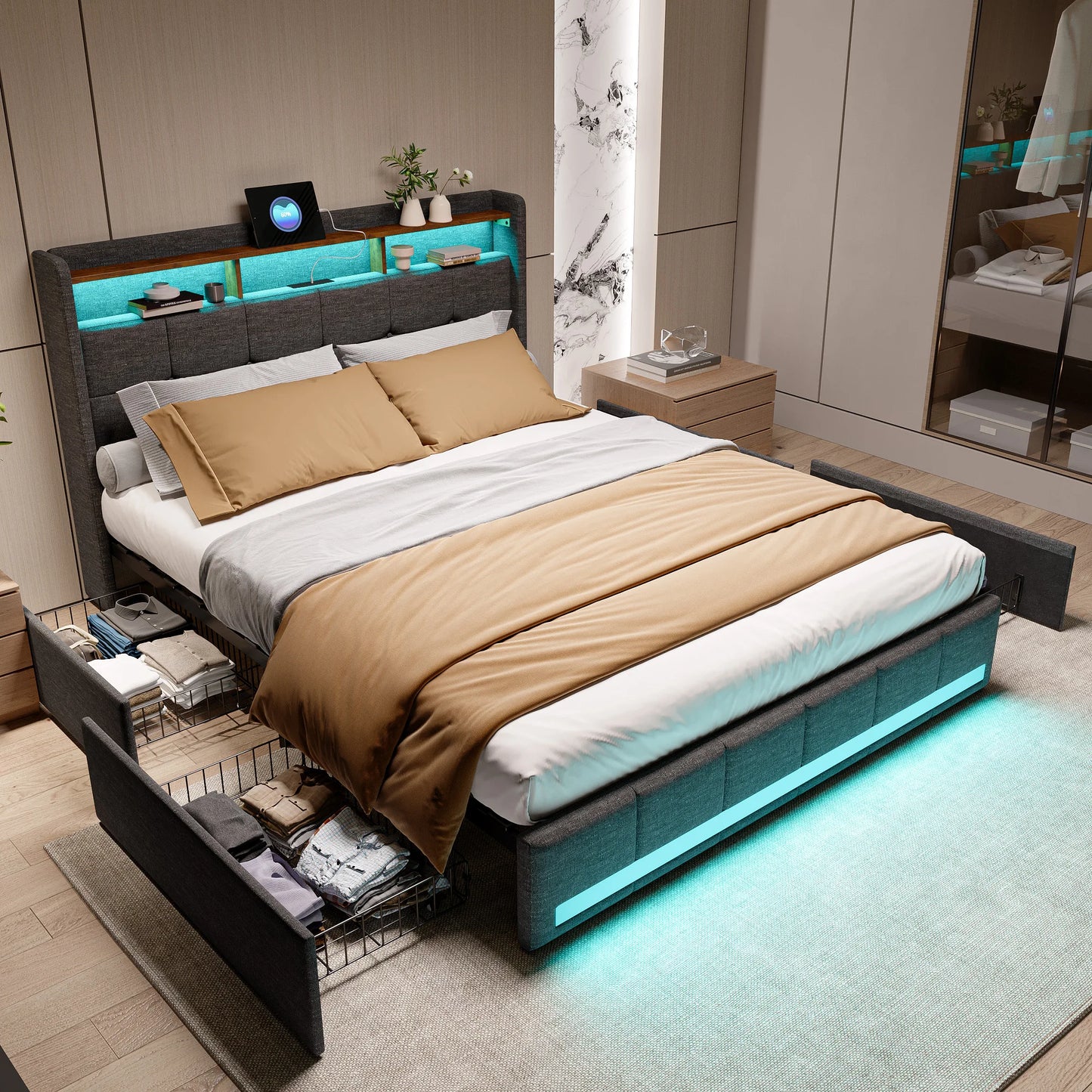 Creahappy Twin Bed Frame - Upholstered bed in grey - With USB charging port - With LED lighting - Storage drawers on both sides - Uknowucme
