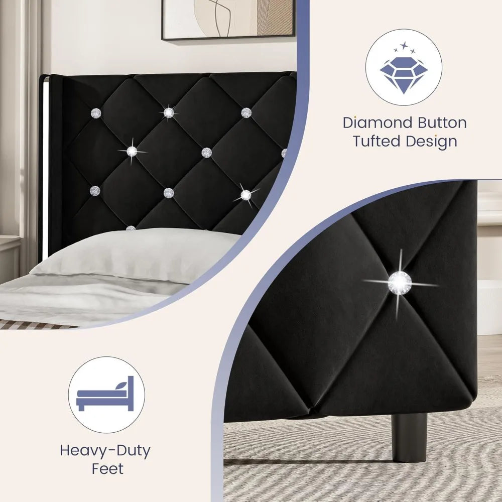 King Size Bed Frame, Velvet Upholstered Platform Bed King Size with Diamond Tufted Headboard and Footboard, Wooden Slats Support - Uknowucme