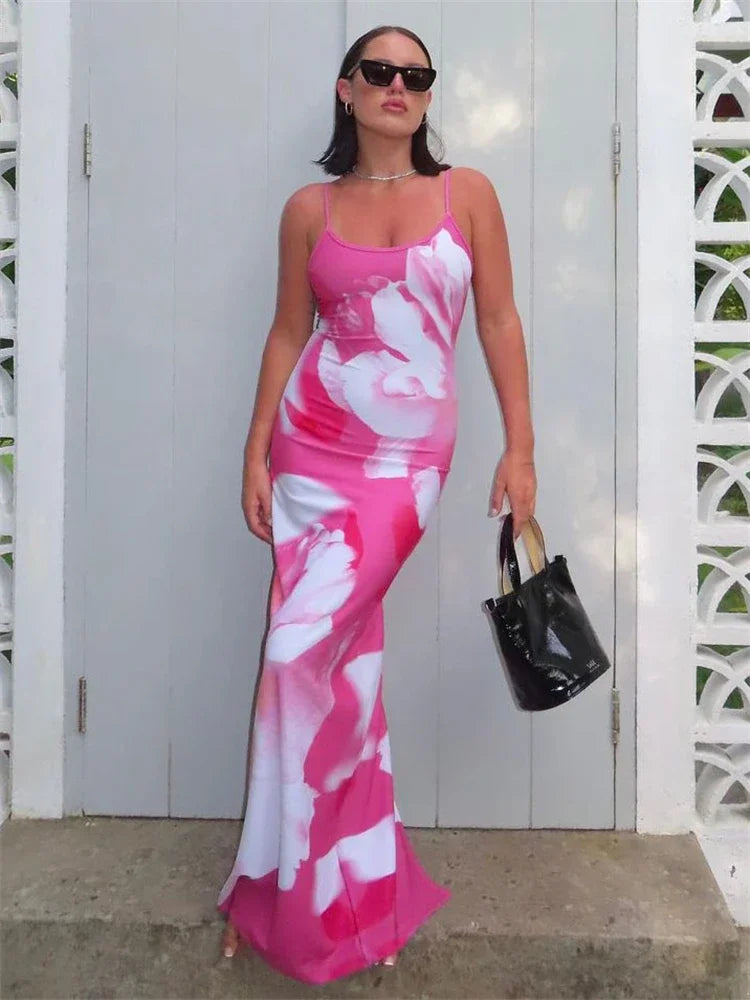 Tossy Contrast Spaghetti Slim Maxi Dress Female Printed Off-Shoulder Fashion Holiday Beach Dress Patchwork Summer Party Dress - Uknowucme