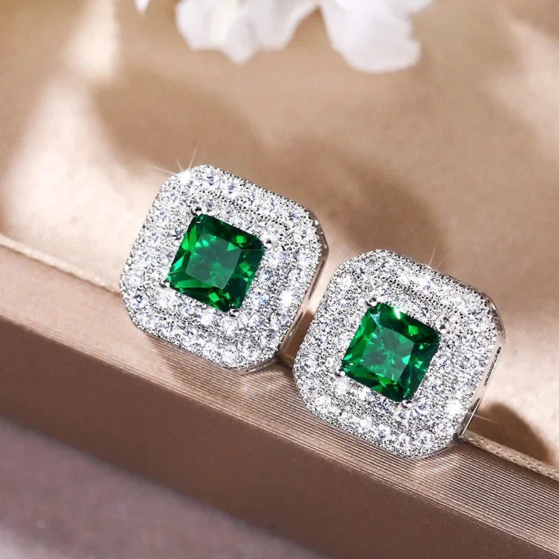 2025 Geometric Green CZ Sparkling Cubic Zirconia Earrings, Suitable for Women's Wedding Parties, Elegant Jewelry - Uknowucme