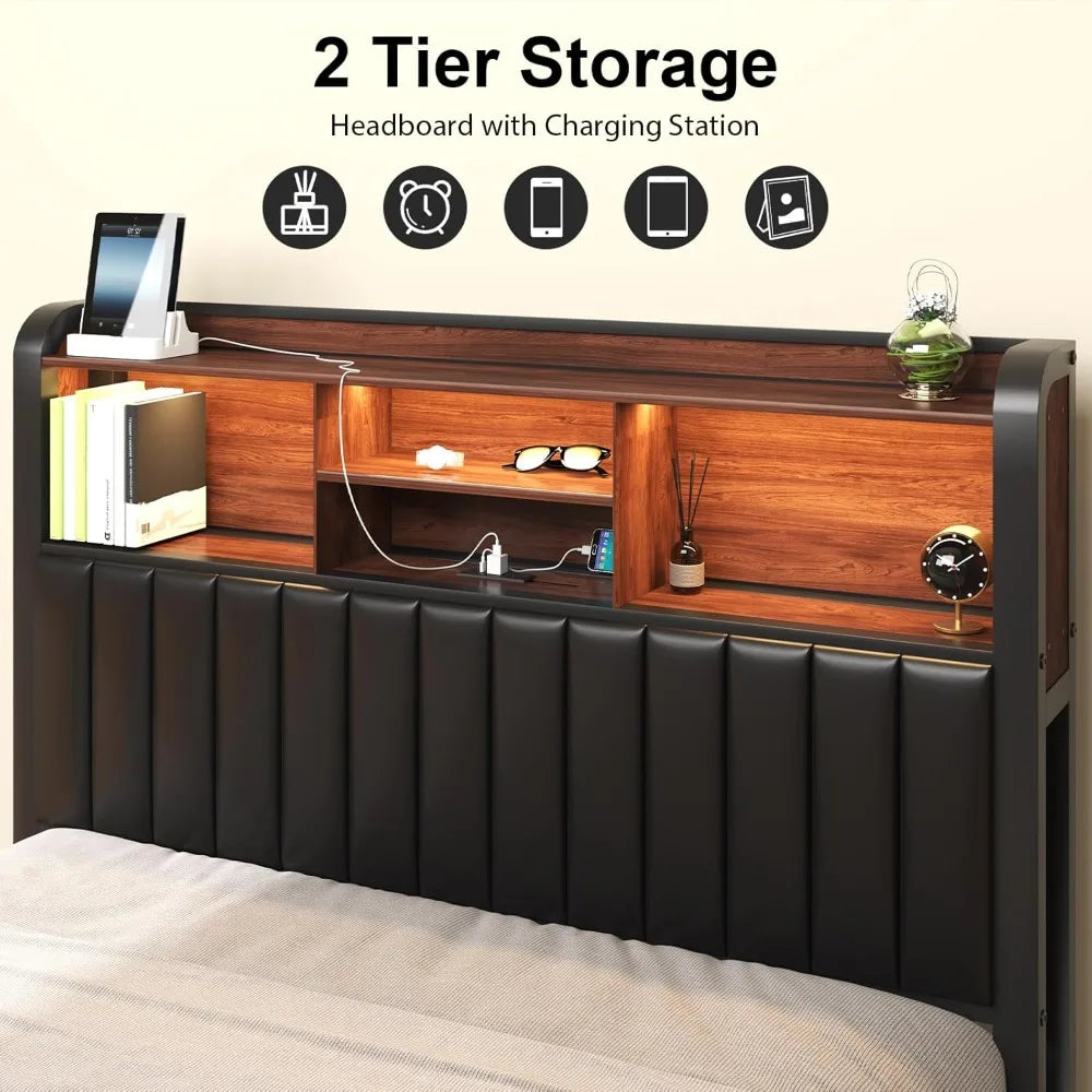 Full Bed Frame 54.3" Tall with 3-Tier Storage Headboard and PU Leather, Metal Platform Bed Frame with LED Lights and Charging - Uknowucme