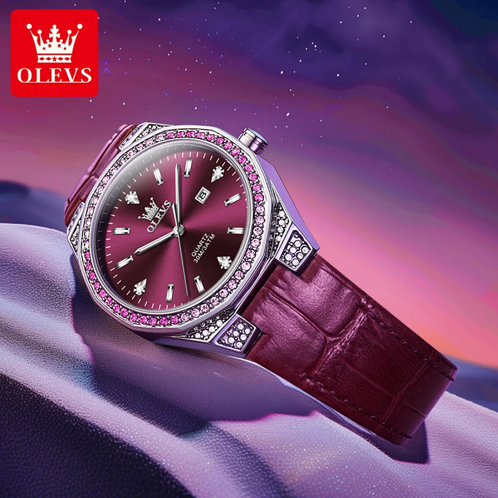 OLEVS Original Women's Watches Diamond Lap Fashion Leather Strap 3m Waterproof Luminous Ladies Wristwatch Quartz Watch for Women - Uknowucme