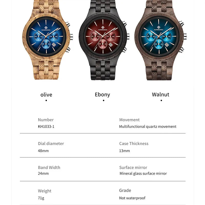 KUNHUANG Handmade Wooden Watch Multifunction Dial Mens Quartz Watch Luxury Luminous Chronograph Custom Logo relógio masculino - Uknowucme