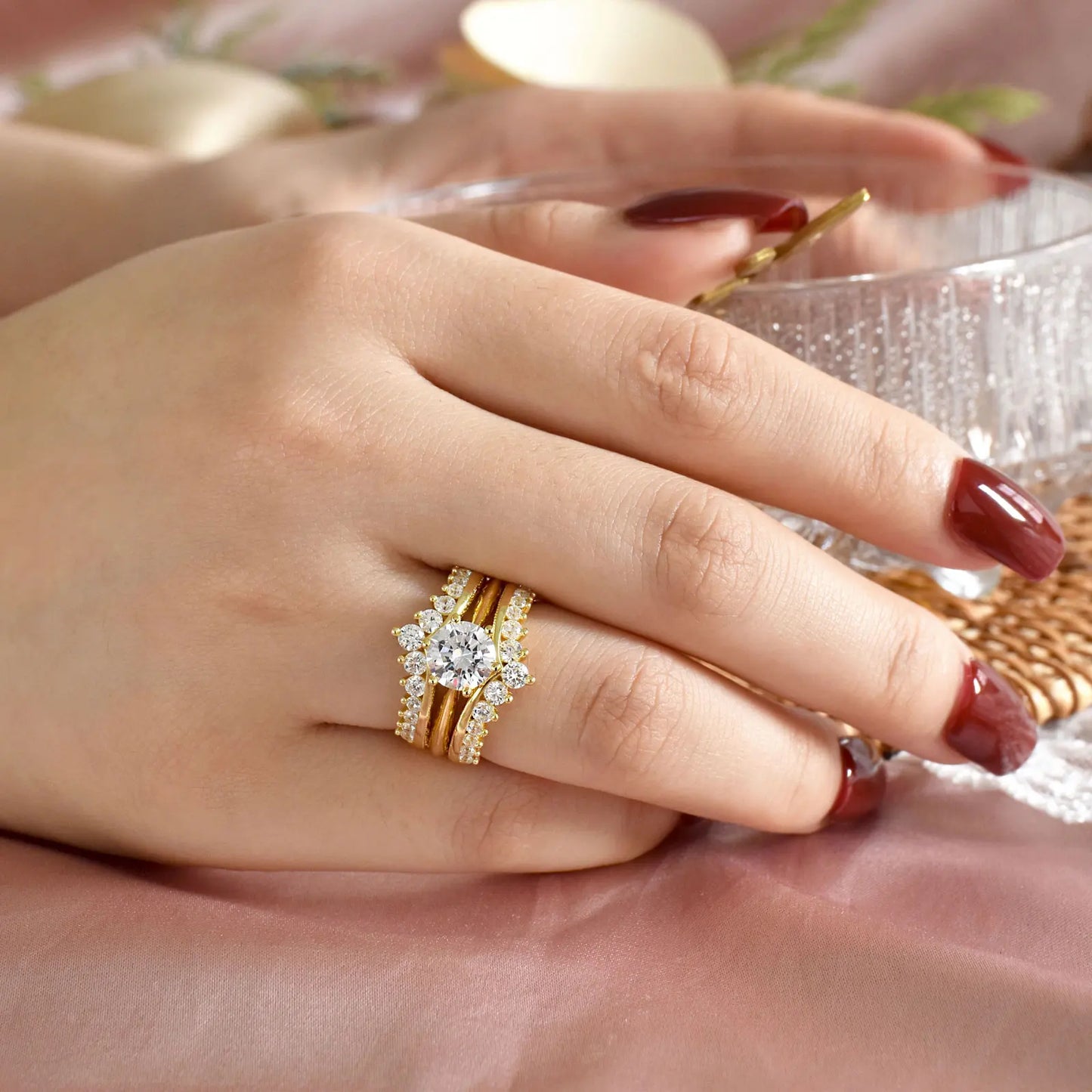 Newshe 14k Yellow Gold Bridal Ring Set for Women 2Ct Round Cut AAAAA Cubic Zircon Wedding Engagement Anniversary Band BR1167_Y - Uknowucme