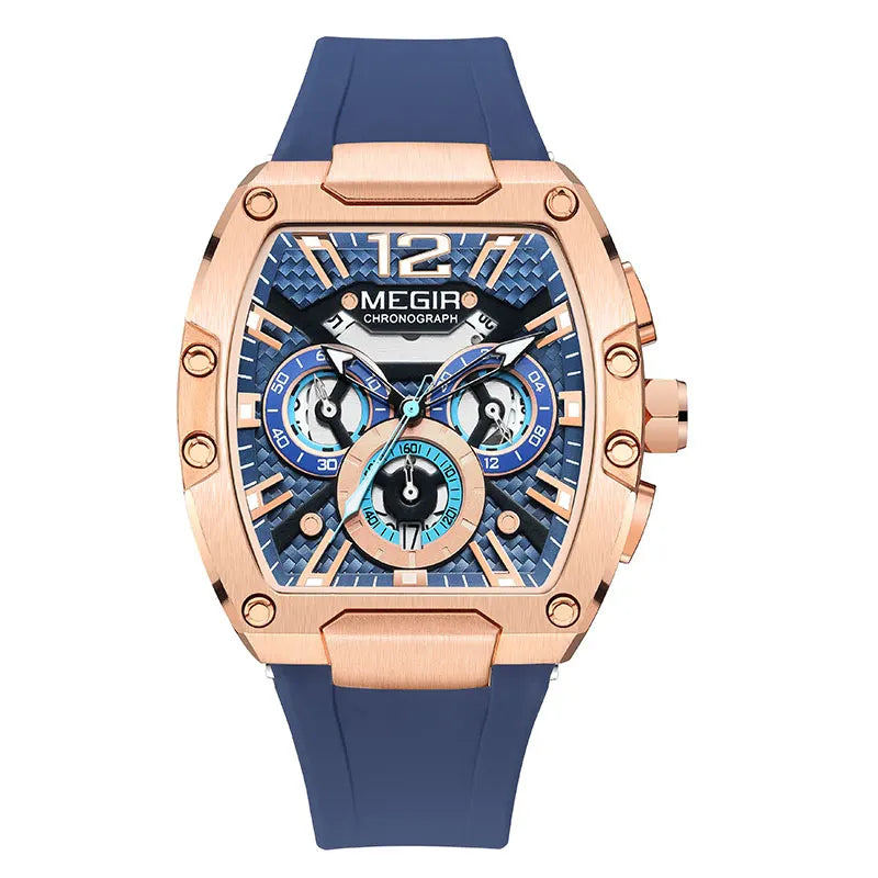 MEGIR Navy Blue Silicone Strap Sport Watch for Men Fashion Waterproof Chronograph Quartz Wristwatch with Luminous Hands Calendar - Uknowucme