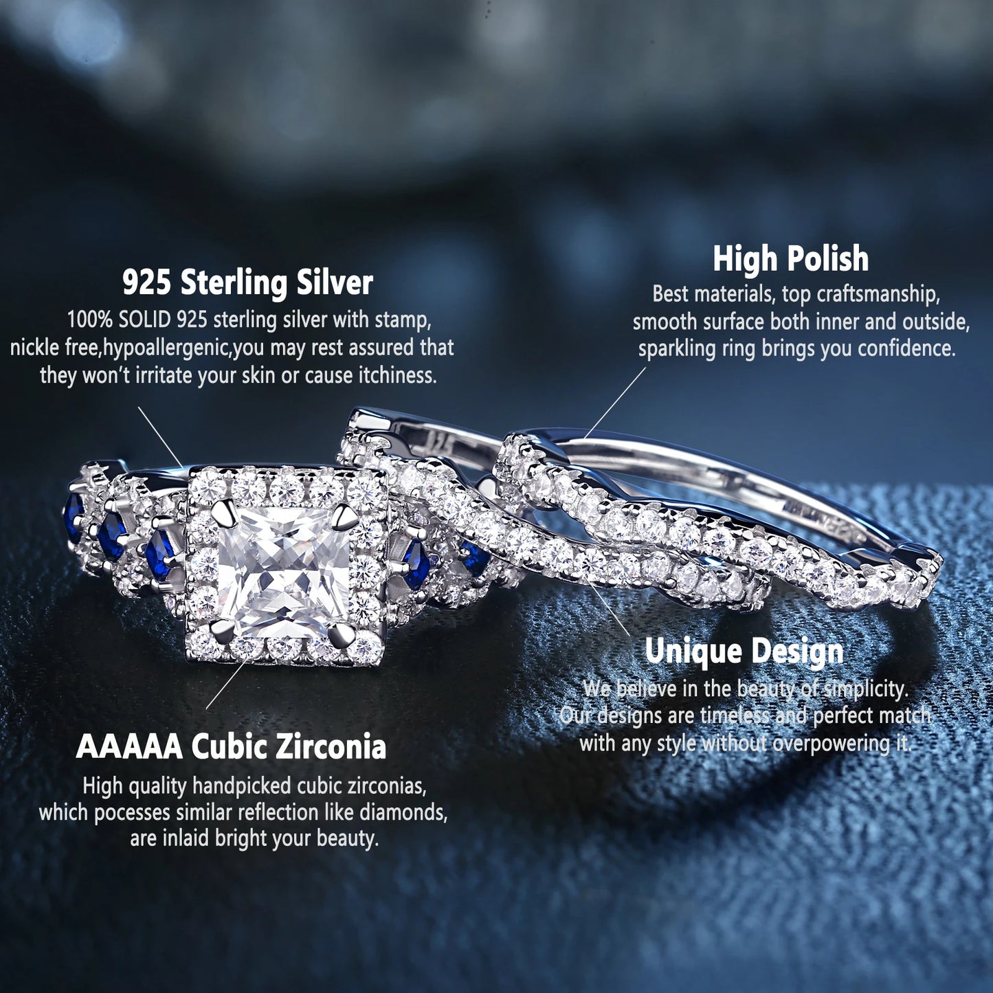 Newshe 3 Pcs Wedding Rings Set for Women 925 Silver 2.6Ct Princess Cut White Blue AAAAA CZ Luxury Bridal Engagement Jewelry - Uknowucme