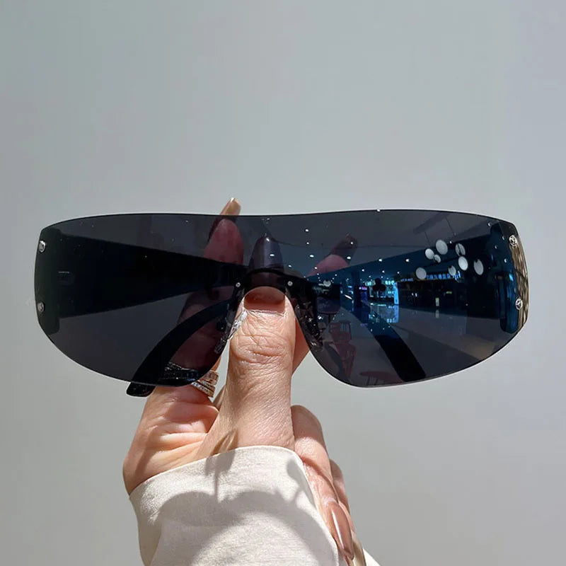 Y2K Rimless Brand Designer Sunglasses Women For Men 2023 One Piece Trending Luxury Sun Glasses Rivet Steampunk Pink Shades UV400 - Uknowucme