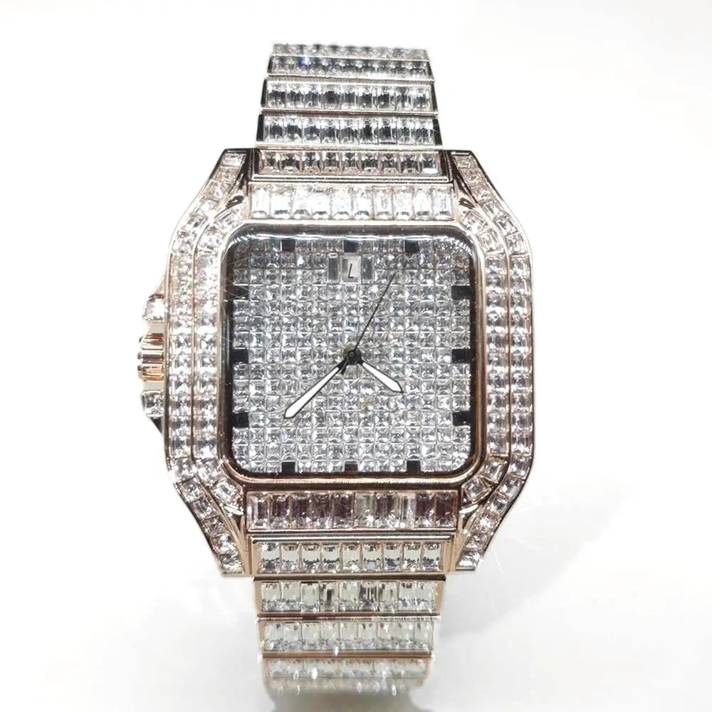 Hot Luxury Square Diamond Watch for Men Hip Hop Style Bling Bling Iced Out Wristwatch Fashion Stainless Steel Waterproof Clock - Uknowucme