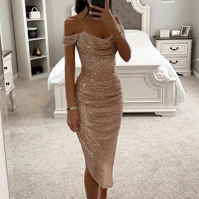 Sexy Asymmetrical Shinny Glitter Fold Long Dress Women Elegant Solid 2024 Winter Banquet Dresses One Shoulder Bodycon Party Robe - Uknowucme
