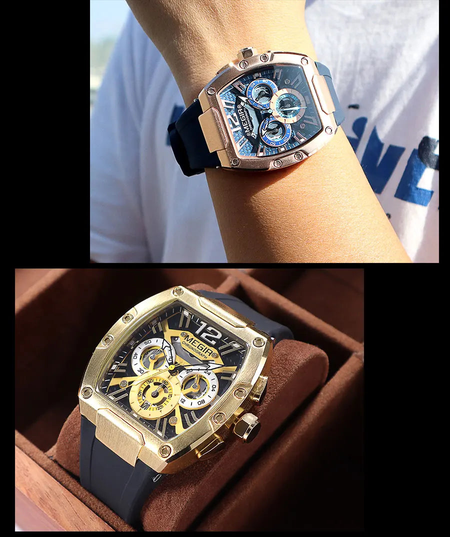 MEGIR Navy Blue Silicone Strap Sport Watch for Men Fashion Waterproof Chronograph Quartz Wristwatch with Luminous Hands Calendar - Uknowucme