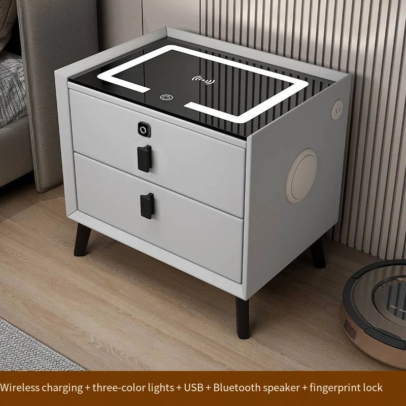 Luxurious Solid Wood Nightstand Three-Drawer Smart Bedside Table Compact Bedroom Leather Accents Integrated Wireless Charging