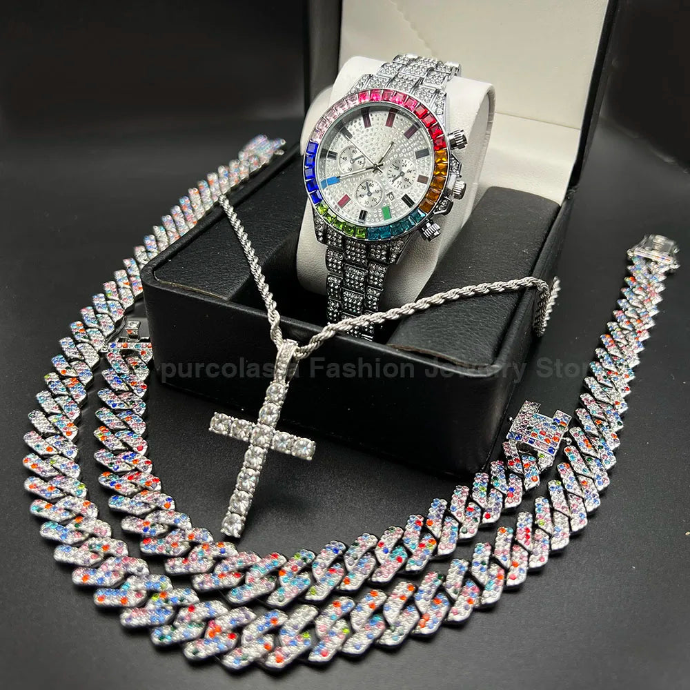Purcolasia Black Hip Hop Cuban Link Chain Set Necklace +Watch+Bracelet Tennis Chain Iced Out Jewelry Sets for Men - Uknowucme
