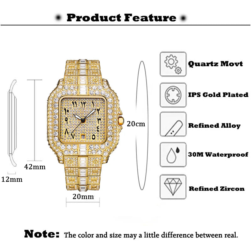 High Quality Gold Men's Watches Top Brand Luxury Full Diamond Bling Wristwatch Fashion Ice Out Stainless Steel Male Clock Gift - Uknowucme