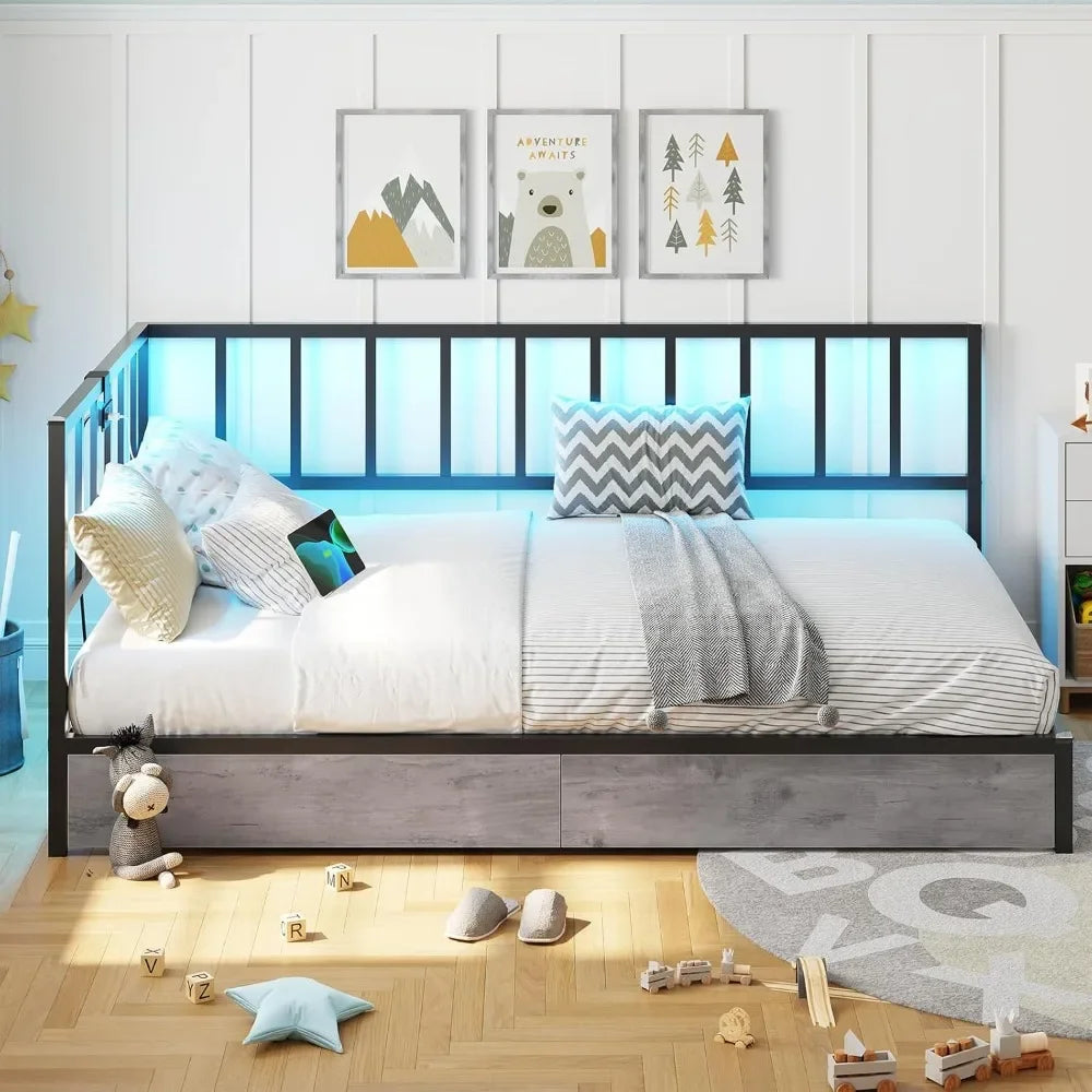 Led Bed Frame with 2 Storage Drawers and Charging Station Twin Platform Corner Bed Frame with Upholstered Guardrail Daybed - Uknowucme